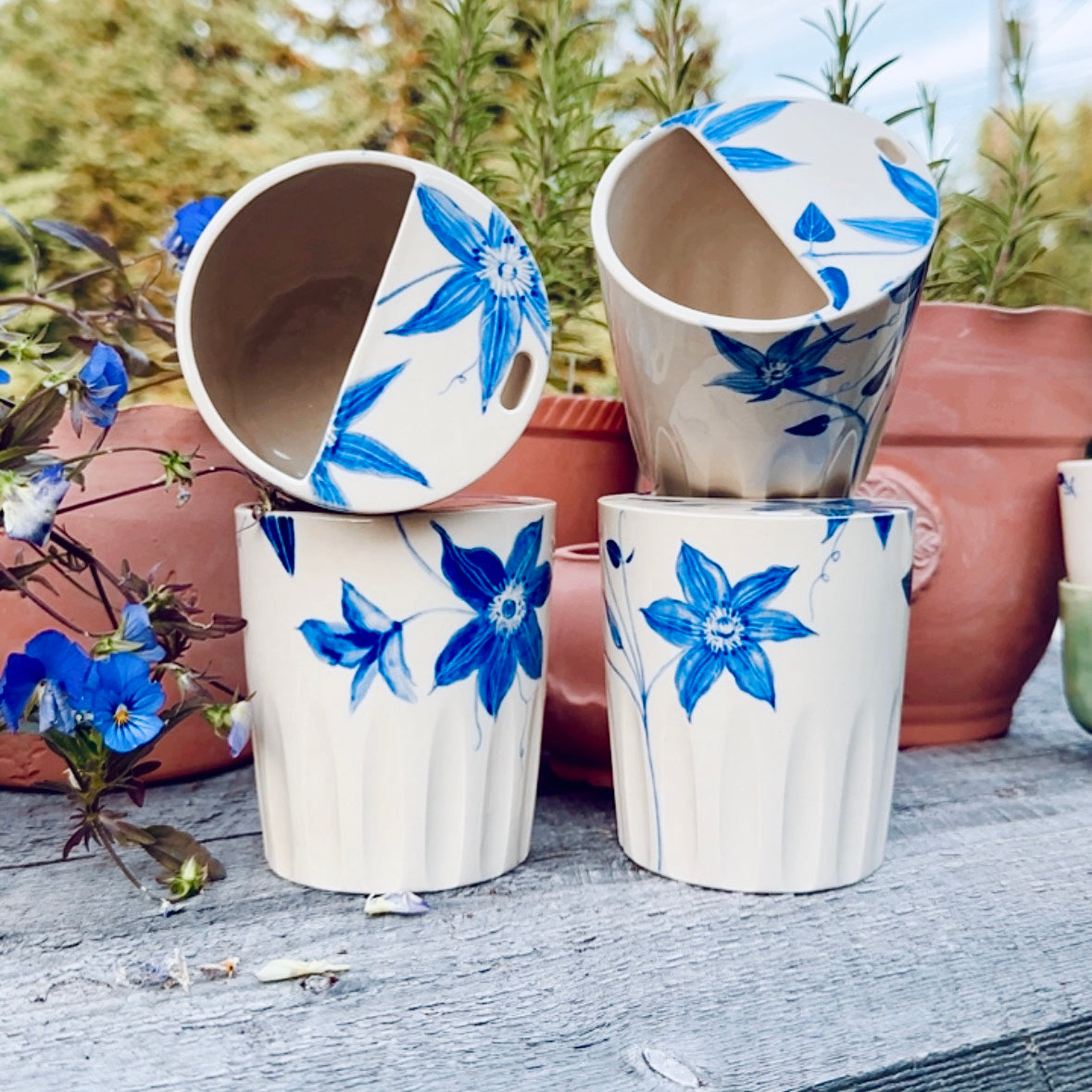 HAND-PAINTED CLEMATIS TRAVEL MUGS