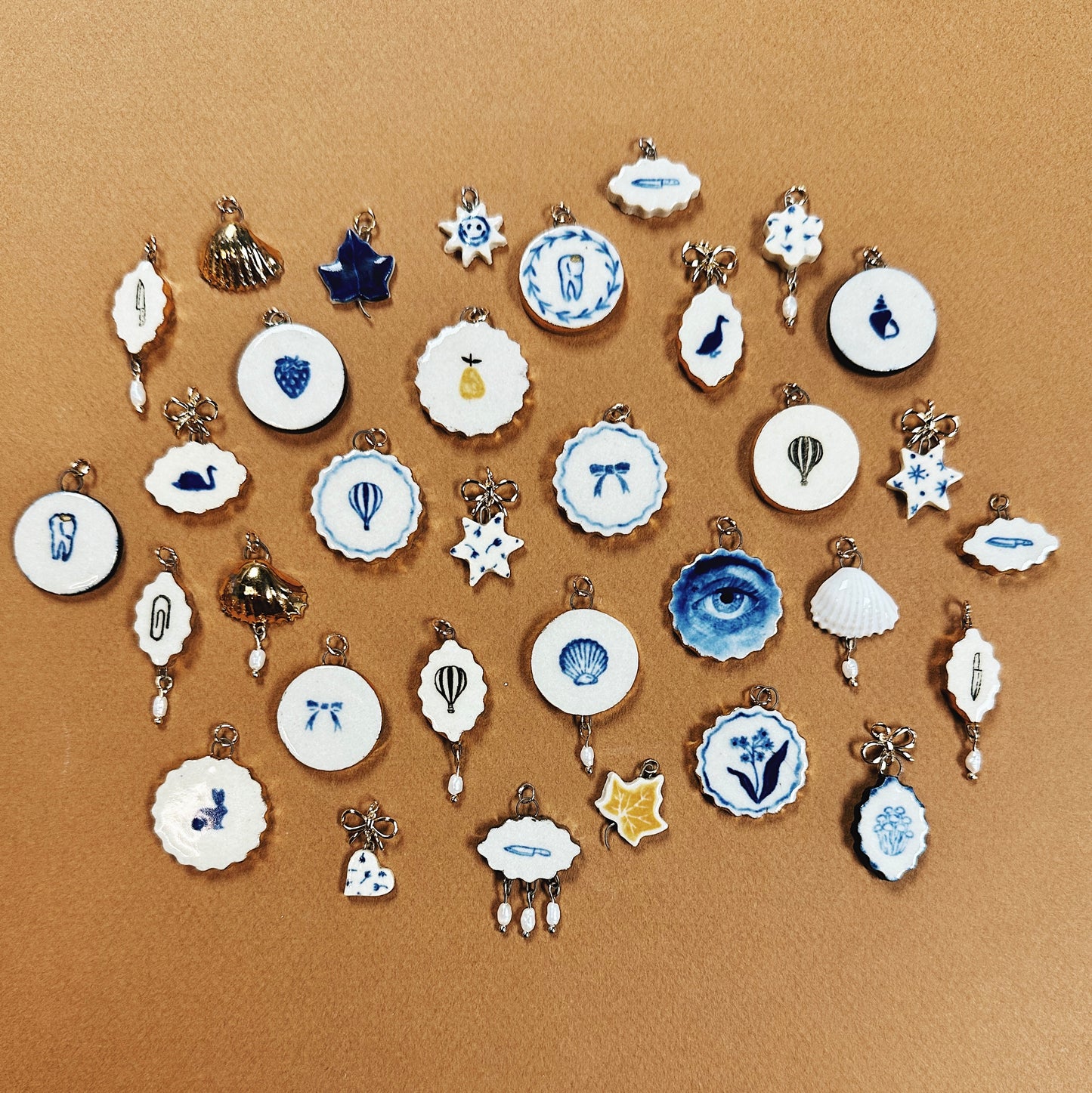 HANDMADE CERAMIC CHARMS EMBELLISHED WITH 10K GOLD LUSTRE & VINTAGE PEARLS