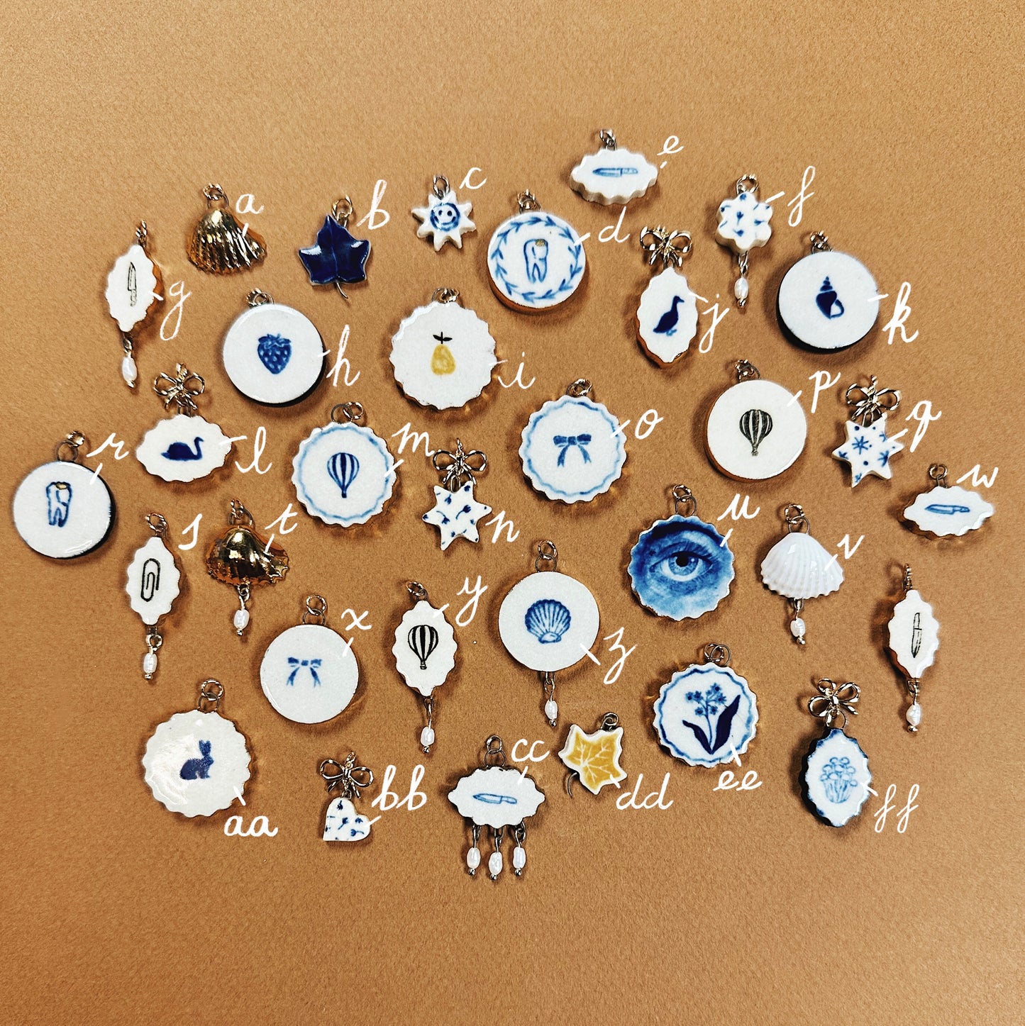 HANDMADE CERAMIC CHARMS EMBELLISHED WITH 10K GOLD LUSTRE & VINTAGE PEARLS