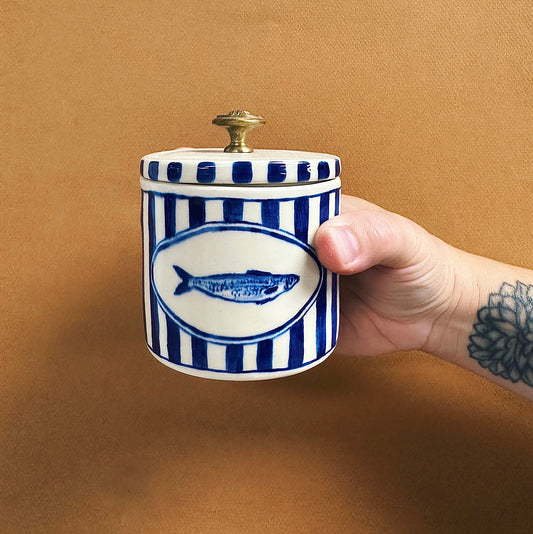 HAND-PAINTED FISH JAR WITH ANTIQUE KNOB