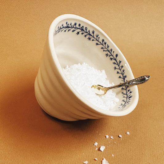 HAND-PAINTED HEIRLOOM SALT CELLAR & ANTIQUE SALT SPOON