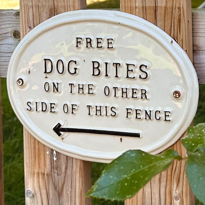 HANDMADE ‘FREE DOG BITES’ CERAMIC GARDEN SIGN
