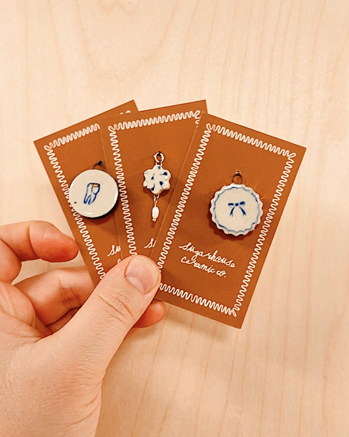 HANDMADE CERAMIC CHARMS EMBELLISHED WITH 10K GOLD LUSTRE & VINTAGE PEARLS